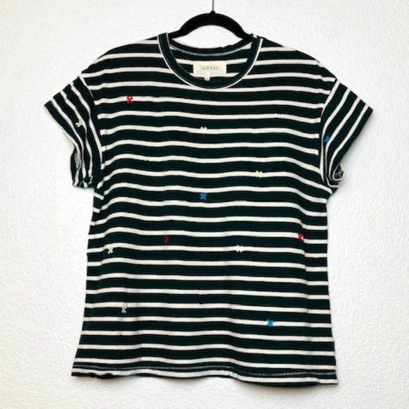THE GREAT. Tops - THE GREAT Green White Stripe Embroidered T-Shirt 1